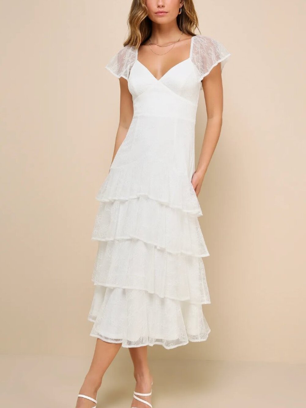 Graceful Darling White Lace Flutter Sleeve Tiered Midi Dress